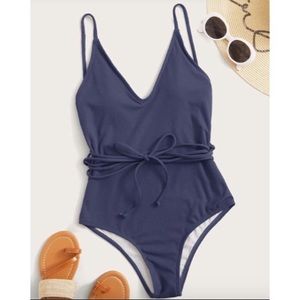 Ribbed Front Tie One Piece Swimsuit